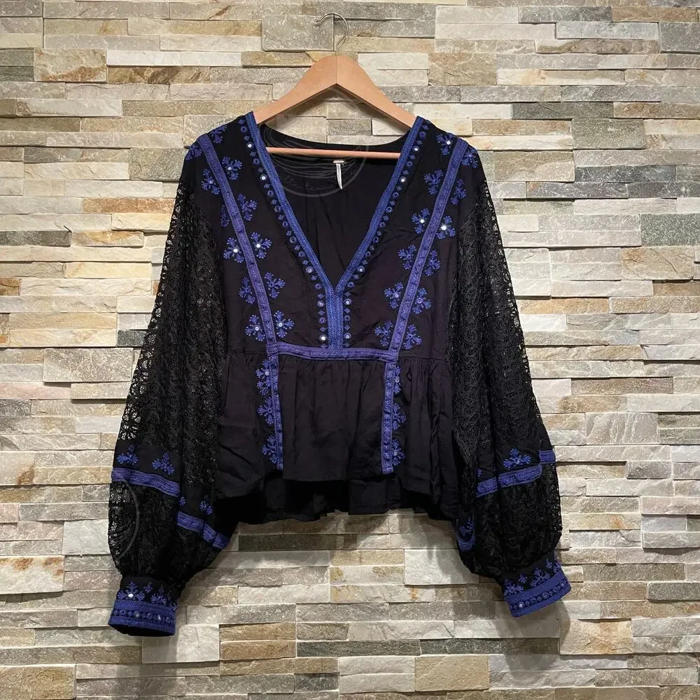 Free People M Boogie All Night Peasant Blouse | Black Lace, Blue Embroidery